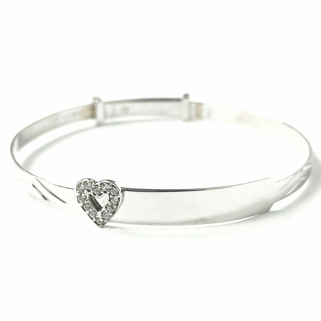 9ct White Gold Zirconia Heart Expandable Baby ID Bangle