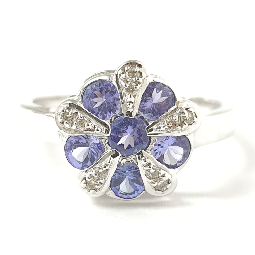 9ct White Gold Tanzanite & Diamond Flower Ring 1.06ct